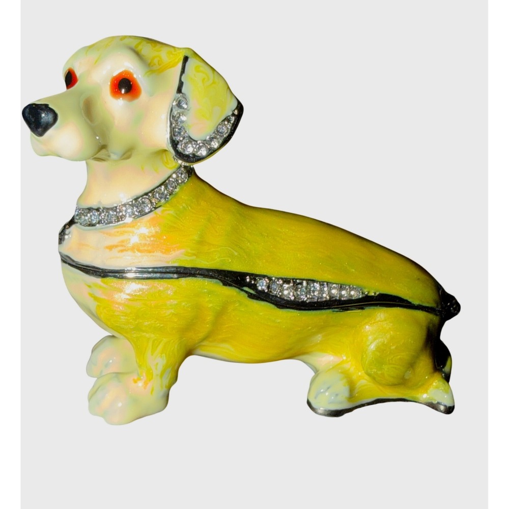 Dachshund Trinket Box Small Yellow Enamel Crystal Dog New - Picture 1 of 9